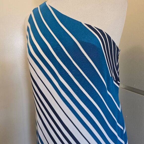Jones New York Diagonal Stripe Silk 1 Shoulder Dress, Ivory/Blue, NWOT,S.10 - Picture 2 of 8